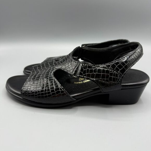 SAS Suntimer Heel Strap Hook and Loop Sandals Heels Black Croc Print Leather 8 - Picture 4 of 8